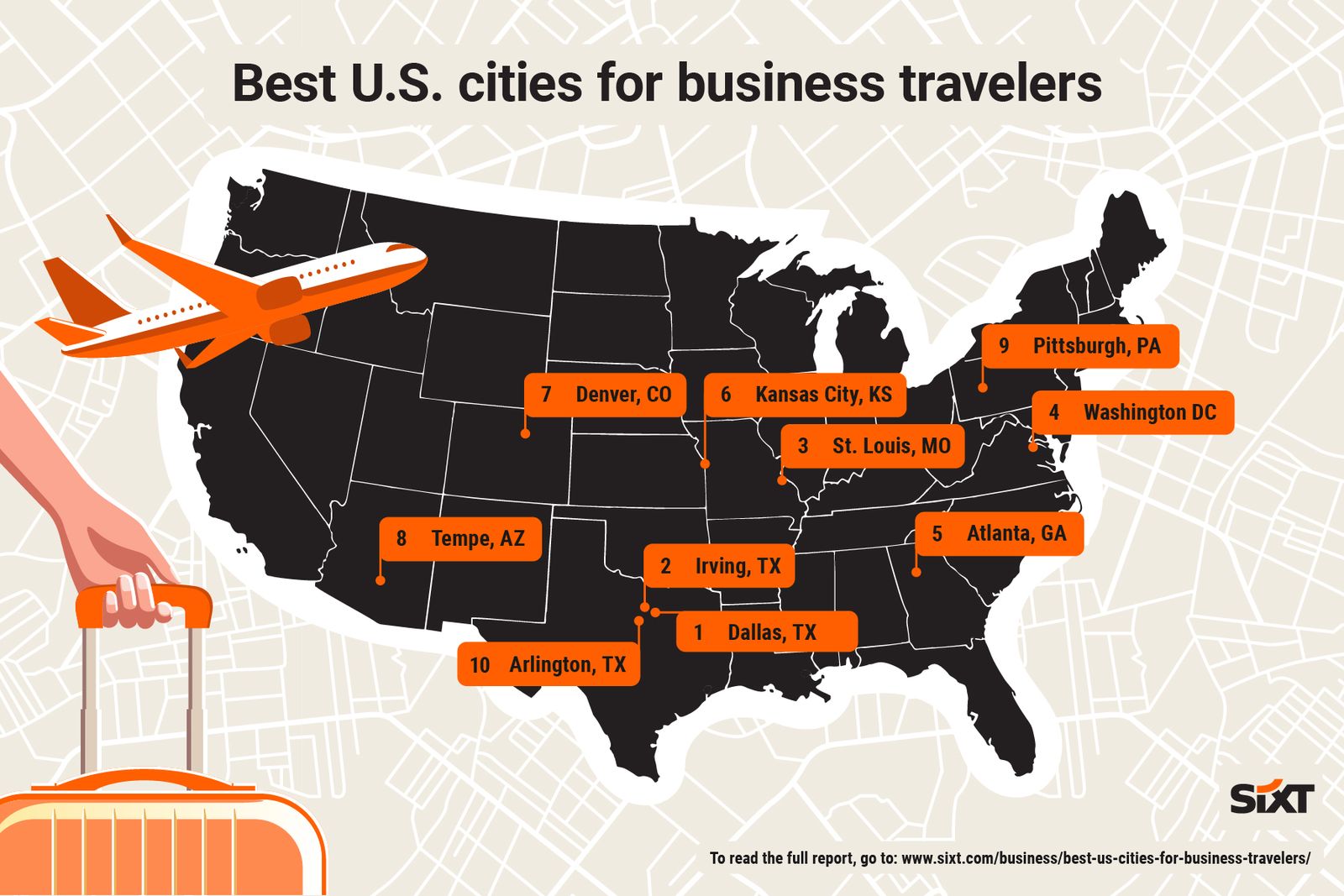 map with top10 best u.s. cities for business travelers