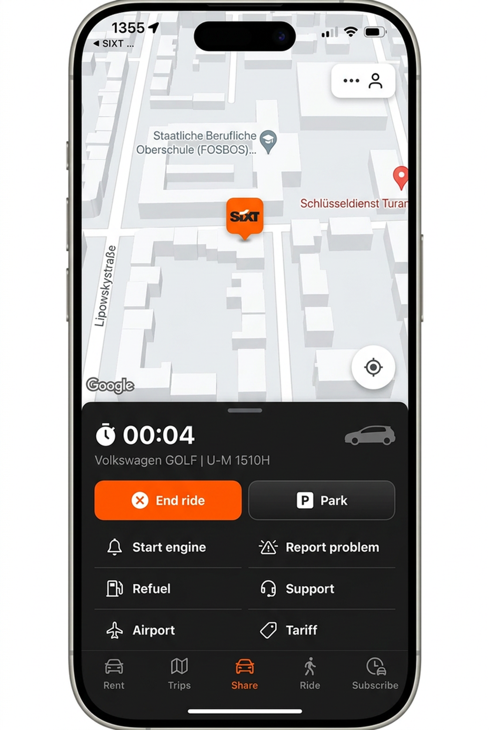 Die App zeigt, wie die Fahrt beendet wird