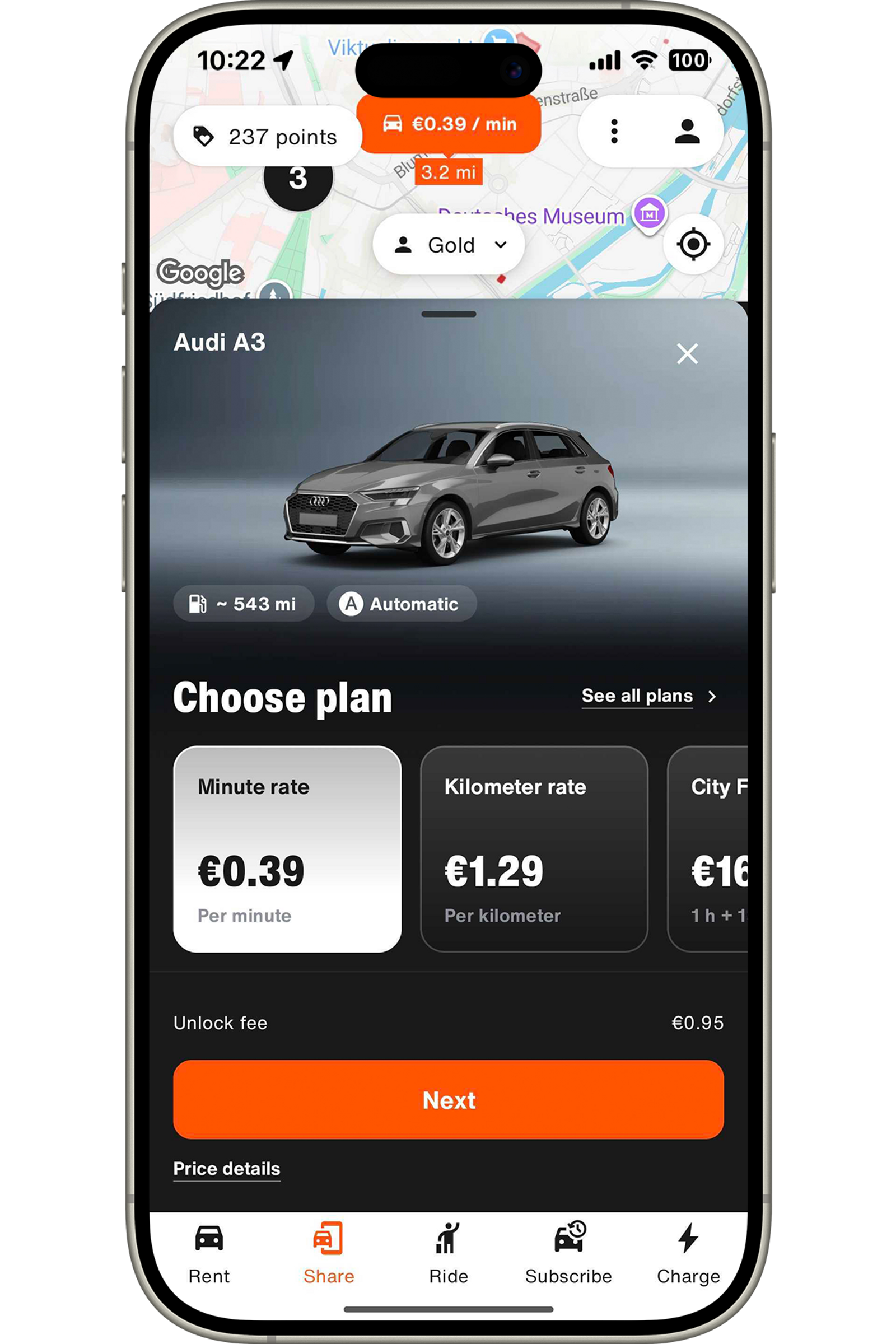 Unlock a car sharing vehicle