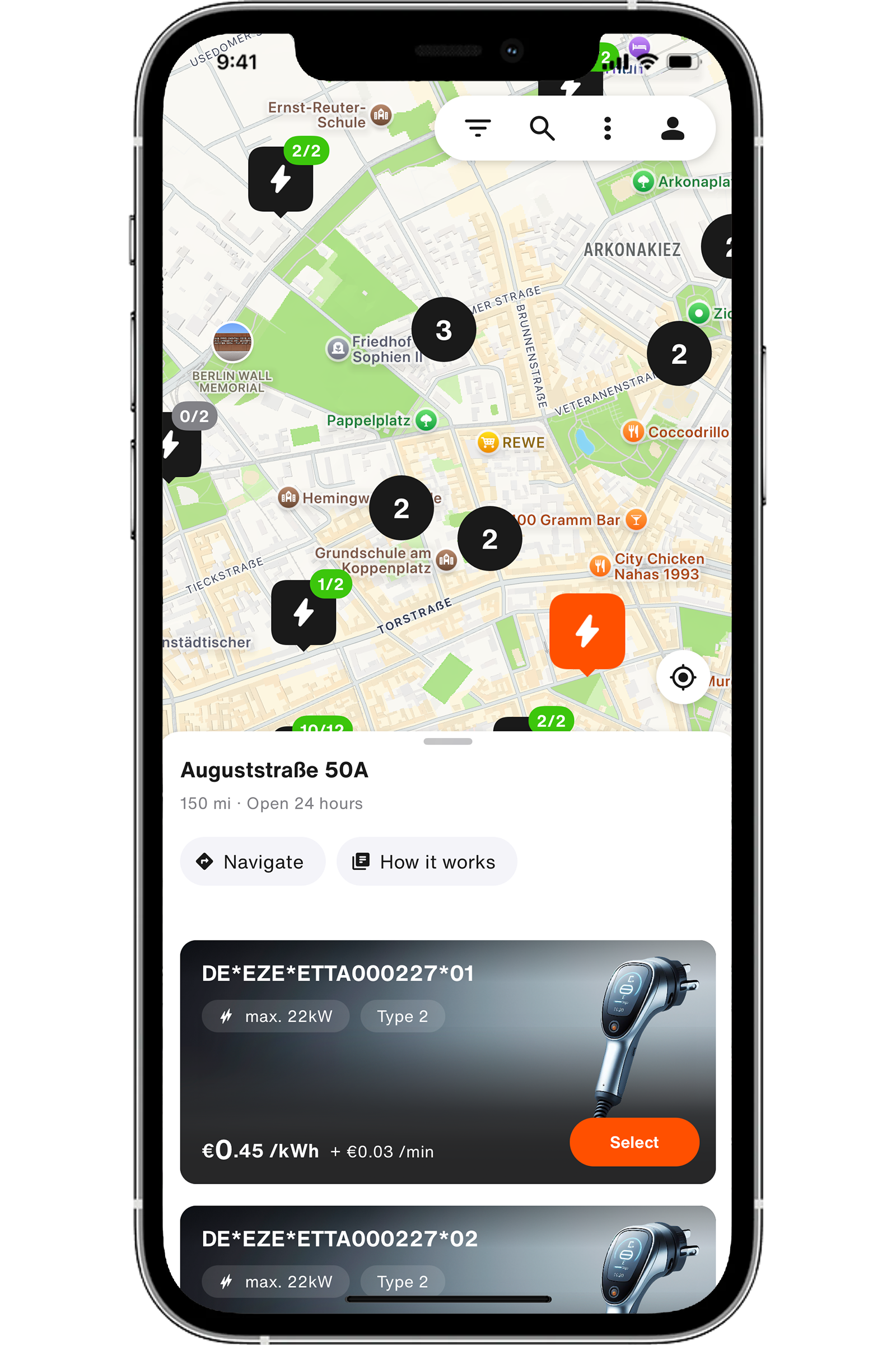 Es is die SIXT app zu sehen, im Menü ausgewählt ist SIXT charge, und zusätzlich wurde ein Ladepunkt angewählt