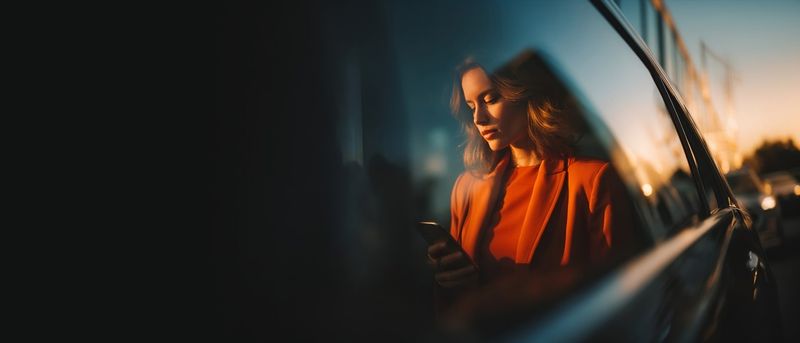 Una mujer de negocios vestida con un traje naranja posa junto a un coche de empresa de Sixct