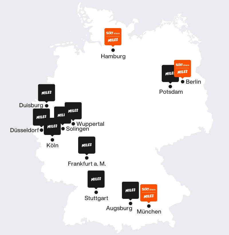 Deutschlandkarte mit hervorgehobenen SIXTshare und MILES Standorten